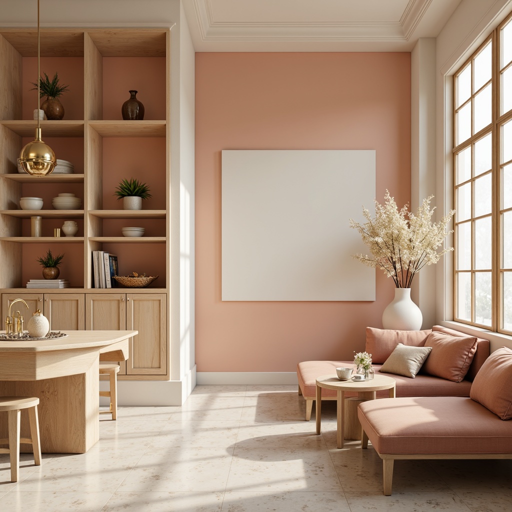 Prompt: Soft peach hues, creamy whites, warm beige tones, rich wood accents, velvety soft furnishings, elegant gold fixtures, subtle marble patterns, natural stone textures, ambient warm lighting, shallow depth of field, 2/3 composition, realistic reflections, serene atmosphere.