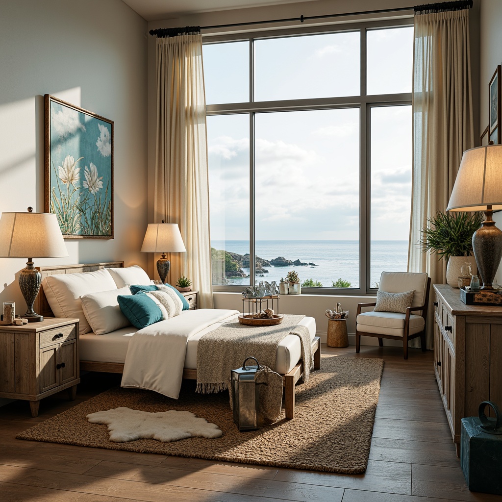 Prompt: Cozy coastal dorm room, soft warm lighting, natural sea breeze, ocean-inspired decor, driftwood furniture, calming blue and white hues, woven sea grass textiles, coral-patterned rugs, beachy accents, vintage nautical artifacts, distressed wood finishes, rustic metal lanterns, table lamps with linen shades, floor-to-ceiling windows, sheer curtains, sunny day, shallow depth of field, 1/1 composition, warm color temperature, softbox lighting.