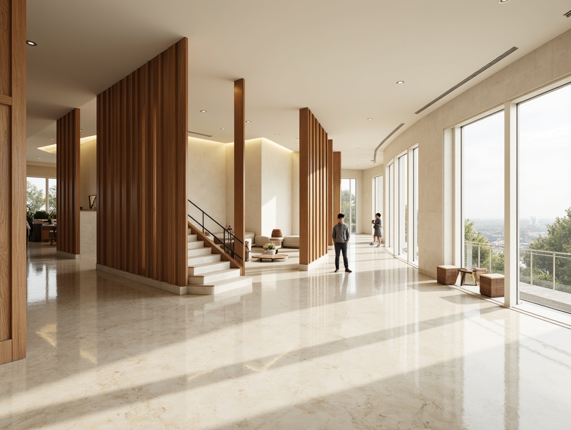 Prompt: Luxurious interior space, high-end residential design, polished marble floors, sleek wooden panels, modern minimalist aesthetic, creamy white walls, floor-to-ceiling windows, natural daylight, soft warm ambiance, 1/1 composition, shallow depth of field, realistic textures, ambient occlusion.