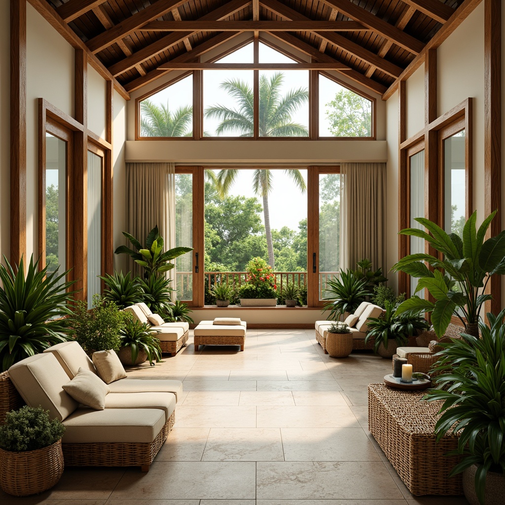 Prompt: Tropical style interior, large windows, sliding glass doors, high ceilings, natural stone floors, wooden accents, woven rattan furniture, vibrant greenery, potted palms, exotic flowers, airy atmosphere, soft warm lighting, shallow depth of field, 3/4 composition, panoramic view, realistic textures, ambient occlusion, creamy whites, earthy tones, organic shapes, minimal ornamentation.