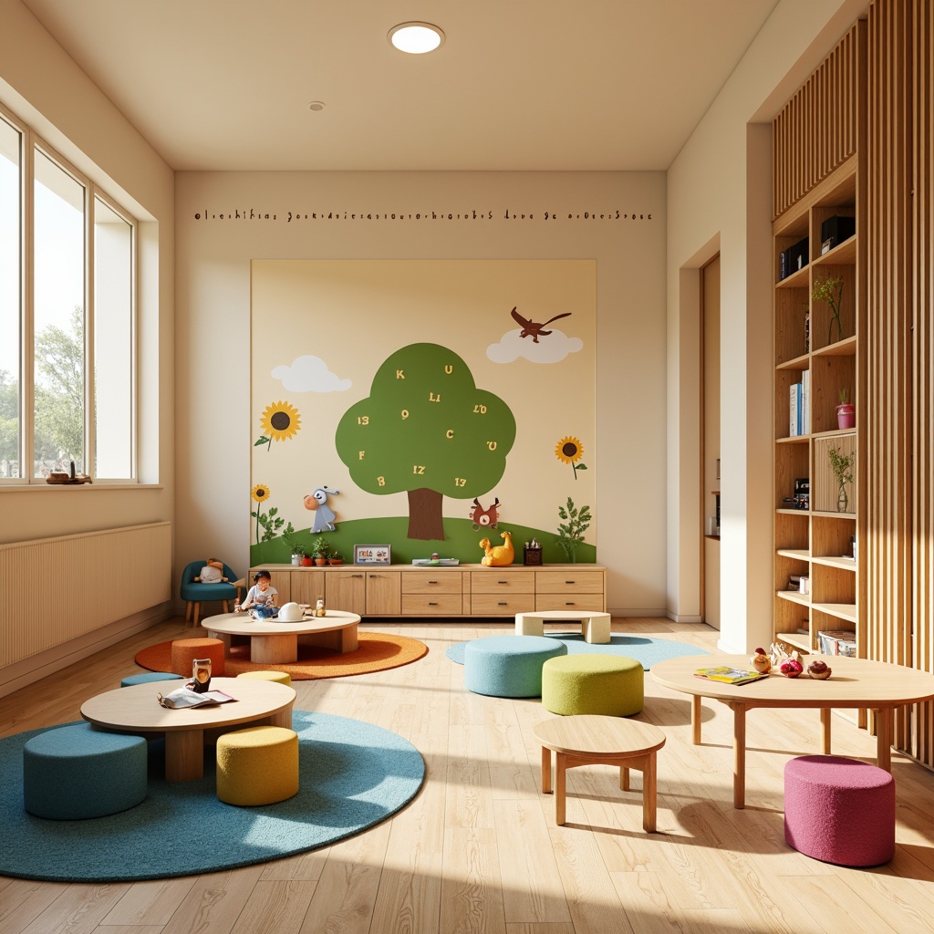 Prompt: Vibrant kindergarten interior, playful furniture, rounded shapes, soft pastel colors, warm beige walls, colorful rugs, educational murals, interactive displays, wooden accents, natural light, cozy reading nooks, circular tables, tiny chairs, alphabet decorations, number lines, friendly cartoon characters, gentle lighting, shallow depth of field, 1/1 composition, realistic textures, ambient occlusion.