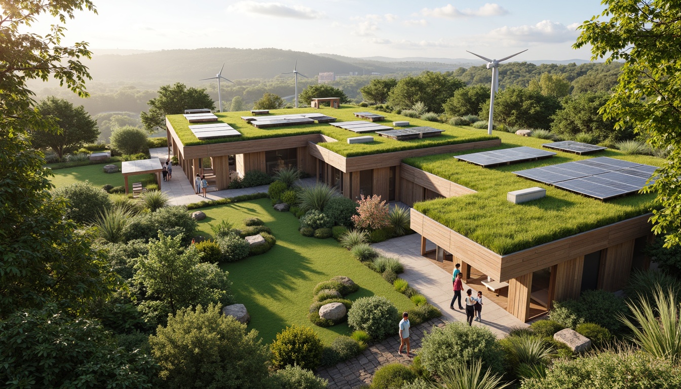 Prompt: Eco-friendly residence, lush green roofs, solar panels, wind turbines, water conservation systems, recycled materials, natural ventilation, energy-efficient windows, minimalist design, organic gardens, native plant species, serene outdoor spaces, shaded areas, misting systems, warm earthy tones, soft natural lighting, shallow depth of field, 3/4 composition, panoramic view, realistic textures, ambient occlusion.