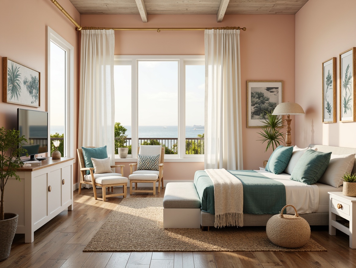 Prompt: Soft peach walls, calming seafoam green, crisp white furniture, driftwood grey accents, natural jute rugs, ocean-inspired blue bedding, coral-patterned throw pillows, woven sea grass baskets, distressed wood decor, nautical rope details, sunny coastal views, sheer curtains, warm golden lighting, relaxed 3/4 composition, airy atmosphere.