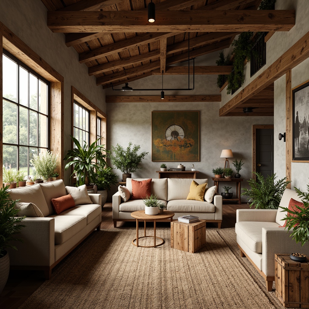 Prompt: Rustic warehouse farmhouse, vintage industrial decor, reclaimed wood accents, distressed metal beams, earthy color palette, natural linen fabrics, woven jute rugs, burlap upholstery, worn leather textures, antique wooden crates, potted greenery, soft warm lighting, shallow depth of field, 1/1 composition, realistic textures, ambient occlusion.