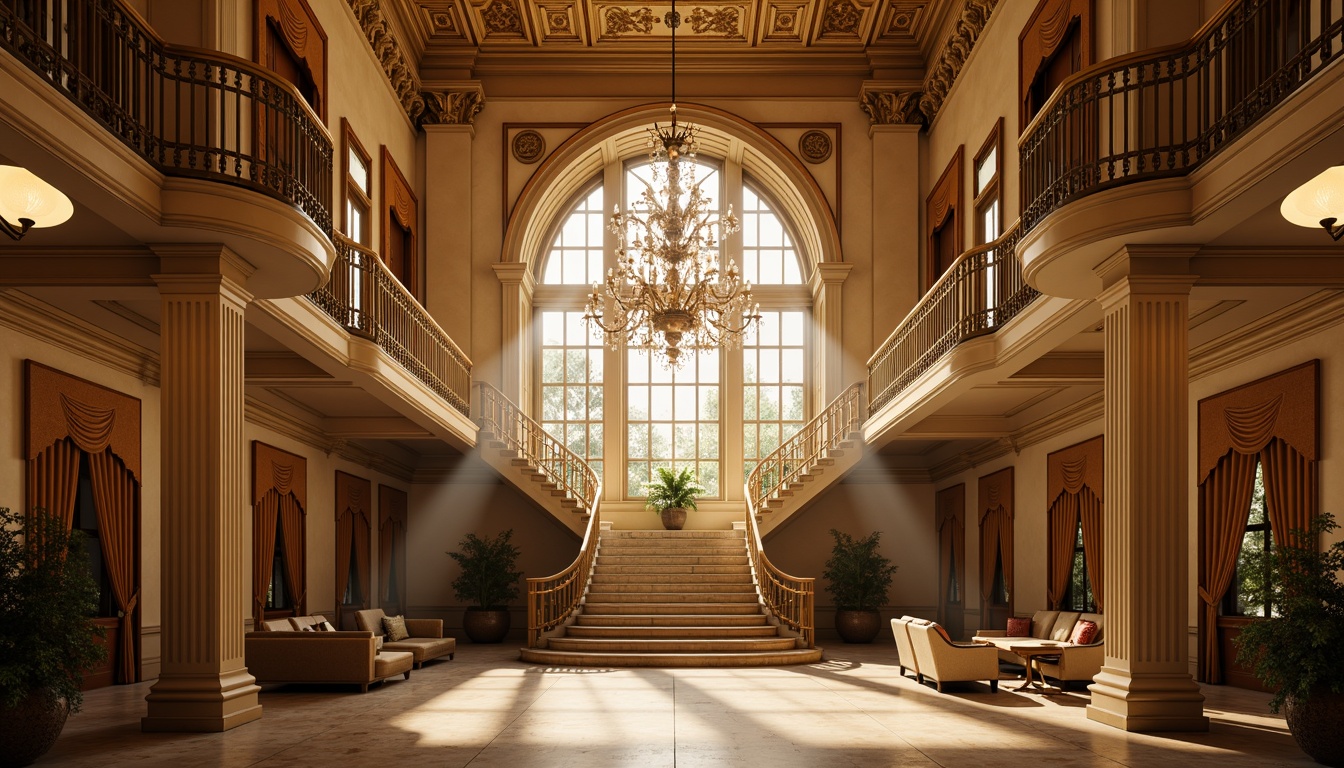 Prompt: Elegant chandeliers, warm golden lighting, ornate metalwork, crystal drops, rich velvet drapes, carved wooden paneling, intricate moldings, soft cream colors, lavish furnishings, Renaissance-inspired architecture, grand staircases, high ceilings, marble floors, subtle shadows, dramatic spotlights, 1/2 composition, cinematic lighting, realistic reflections, ambient occlusion.