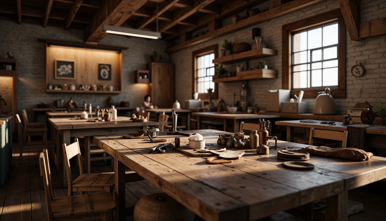 Prompt: Rustic wooden workbenches, distressed finishes, vintage metal tools, worn leather aprons, wooden crates, industrial lighting, exposed brick walls, wooden beams, earthy color palette, natural textures, warm ambient lighting, shallow depth of field, 1/2 composition, realistic materials, detailed normal maps.