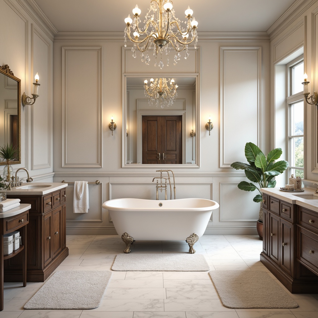 Prompt: Elegant bathroom, freestanding tubs, ornate faucets, marble countertops, classic cabinets, polished chrome hardware, soft warm lighting, large mirrors, crystal chandeliers, white ceramic tiles, subtle texture patterns, Victorian-inspired furniture, luxurious fabrics, neutral color palette, 1/1 composition, shallow depth of field, realistic reflections.