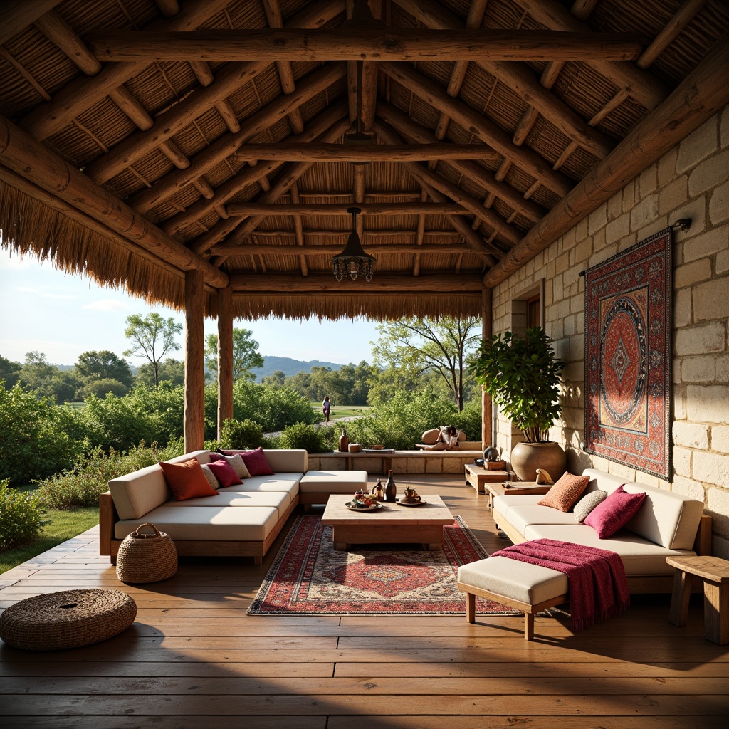 Prompt: Rustic pavilion, natural materials, earthy tones, wooden accents, exposed beams, reclaimed wood floors, stone walls, woven textiles, ethnic patterns, vibrant colors, eclectic furniture, global-inspired decor, lush greenery, warm lighting, cozy ambiance, shallow depth of field, 1/2 composition, realistic textures, ambient occlusion.