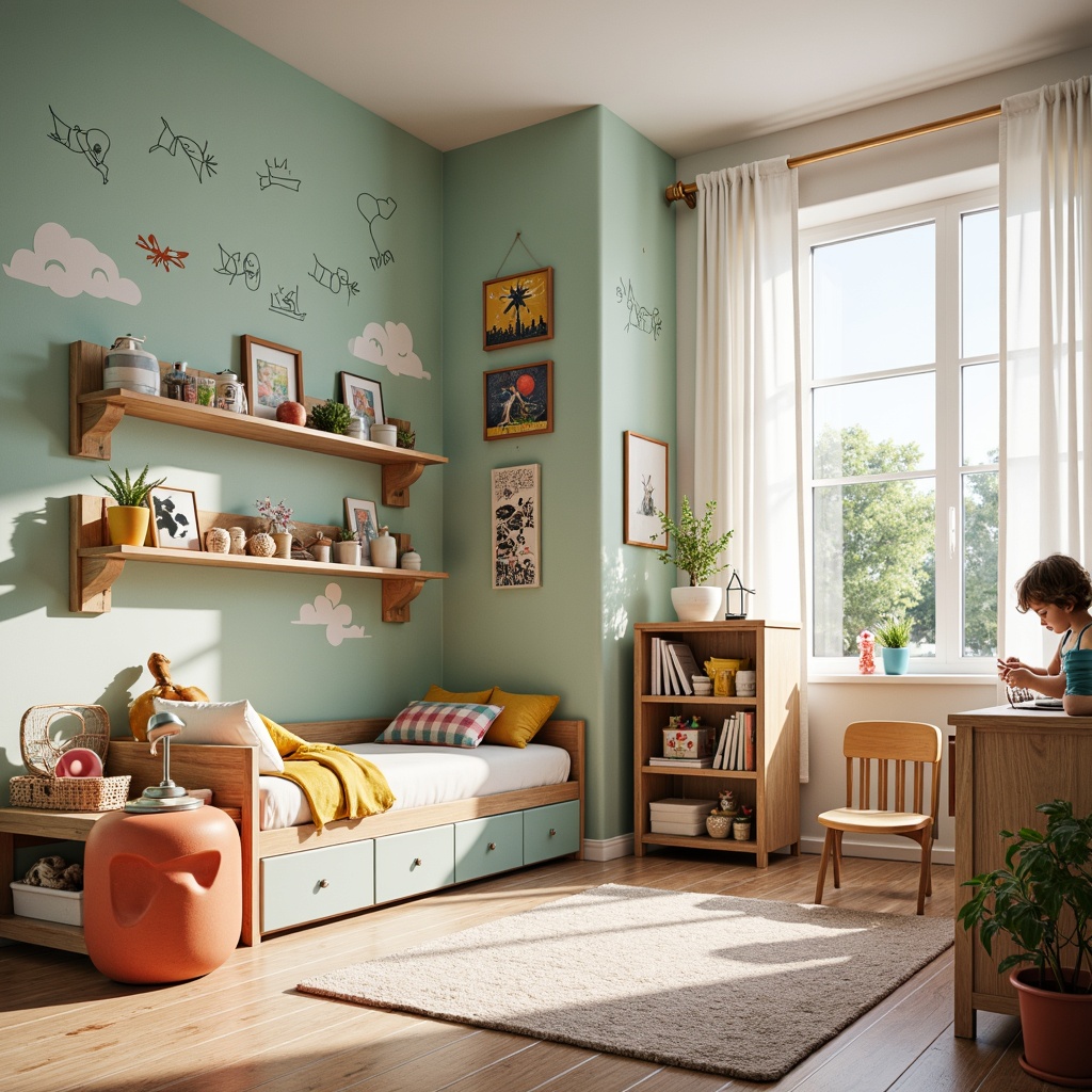 Prompt: Vibrant children's bedroom, playful toy storage, sturdy wooden furniture, soft pastel colors, whimsical wall decals, cozy reading nooks, plush area rugs, kid-friendly fabrics, safety-conscious design, adjustable shelving units, colorful desk lamps, inspiring artwork displays, ergonomic chair designs, abundant natural light, airy atmosphere, shallow depth of field, 1/1 composition, warm inviting lighting.