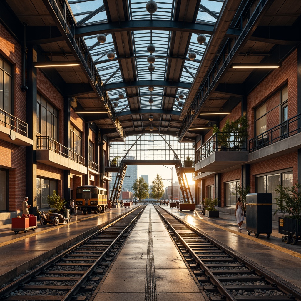 Prompt: Exposed steel beams, industrial chic aesthetic, urban train station setting, modern LED lighting, sleek metal pillars, polished concrete floors, distressed brick walls, vintage luggage carts, reclaimed wood accents, functional clock towers, elevated platforms, dynamic staircases, futuristic rail tracks, atmospheric misting systems, warm golden hour lighting, shallow depth of field, 1/2 composition, realistic metallic textures, ambient occlusion.