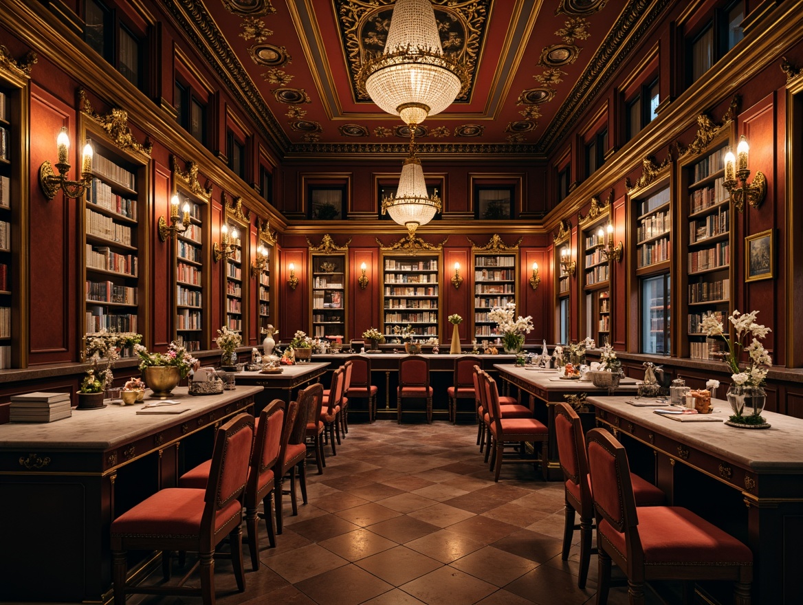 Prompt: Ornate bookstore interior, rich wood tones, velvet upholstery, gilded frames, intricate carvings, luxurious fabrics, ornamental mirrors, crystal chandeliers, marble countertops, leather-bound books, golden accents, subtle warm lighting, soft focus, shallow depth of field, 1/1 composition, realistic textures, ambient occlusion.