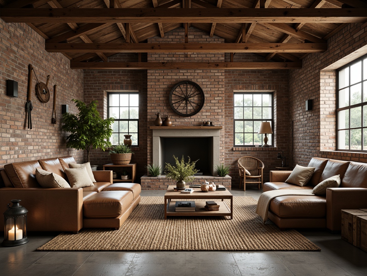 Prompt: Rustic warehouse, reclaimed wood beams, exposed brick walls, metal accents, vintage farm tools, distressed leather sofas, natural fiber textiles, woven baskets, jute rugs, earthy tones, industrial chic decor, metal lanterns, wooden crates, potted plants, warm cozy lighting, shallow depth of field, 1/1 composition, realistic textures, ambient occlusion.