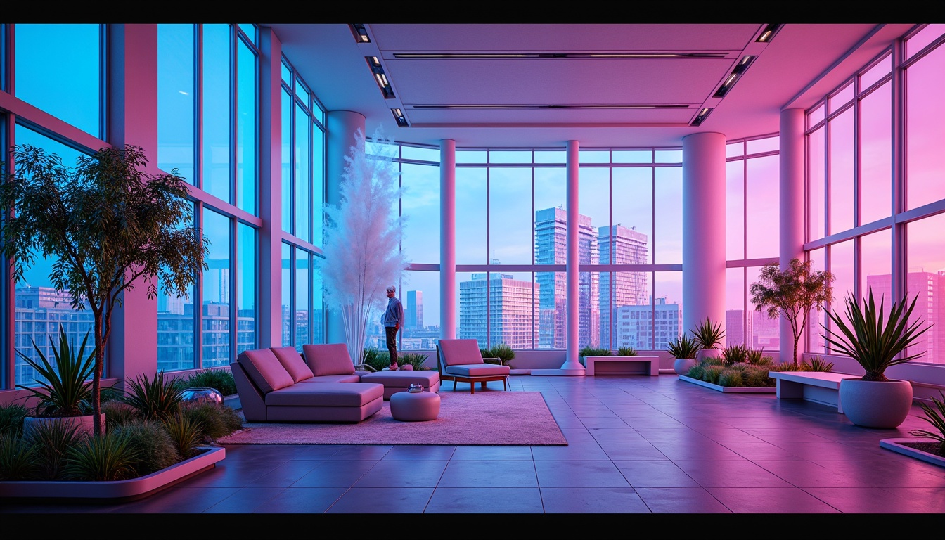 Prompt: Vibrant sunroom, futuristic architecture, sleek metallic frames, radiant glass walls, bold angular lines, neon-lit ambiance, electric blue accents, hot pink hues, luminous white shades, iridescent materials, holographic effects, atmospheric misting systems, panoramic cityscape views, 3/4 composition, shallow depth of field, high-key lighting, modern minimalist decor, avant-garde furniture designs.