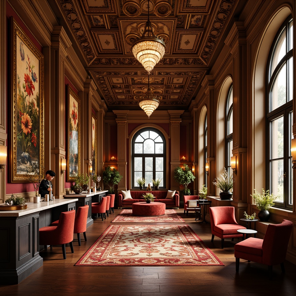 Prompt: Luxurious interior space, ornate furnishings, intricately carved wooden accents, plush velvet upholstery, gilded frames, crystal chandeliers, marble countertops, polished metal fixtures, vibrant colorful tapestries, richly textured rugs, elegant curved lines, sophisticated ambient lighting, warm golden tones, opulent accessories, lavish decorations, 3/4 composition, shallow depth of field, realistic textures, soft focus effect.