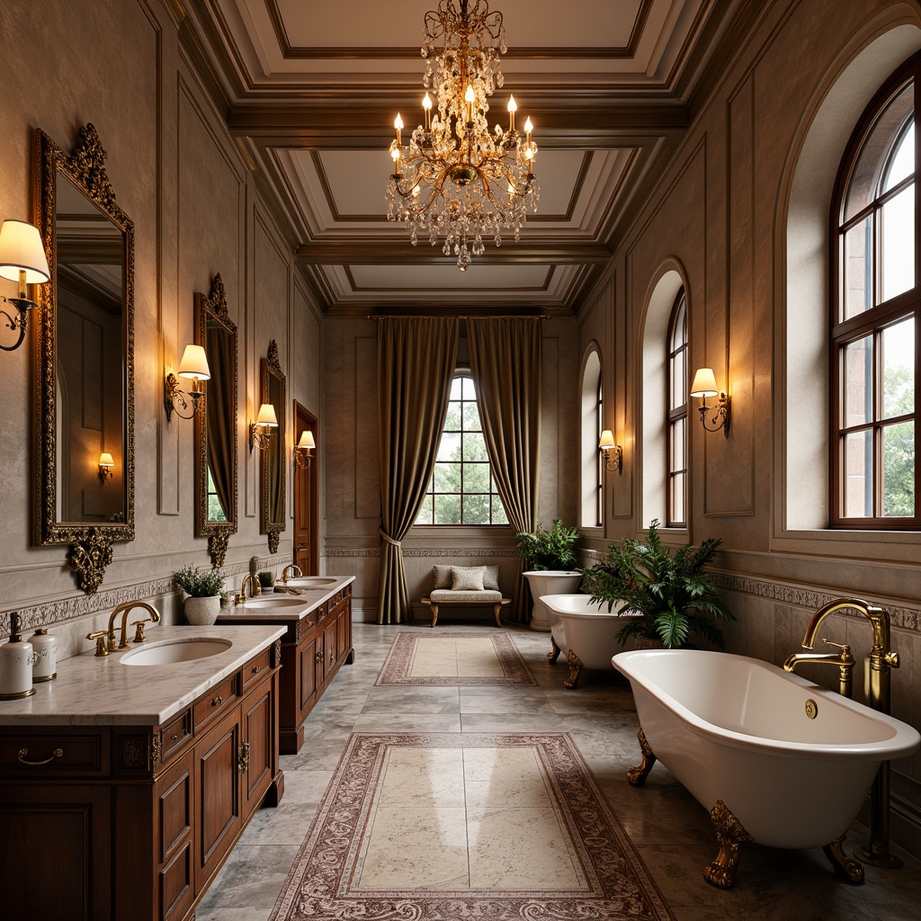 Prompt: Elegant bathroom, ornate fixtures, golden faucets, crystal chandeliers, marble countertops, intricate tile mosaics, rich wood cabinetry, bronze shower heads, luxurious freestanding tubs, soft warm lighting, ambient glow, Renaissance-inspired arches, ornamental mirrors, decorative molding, lavish textiles, velvety drapes, 3/4 composition, shallow depth of field, panoramic view, realistic reflections, subtle color grading.