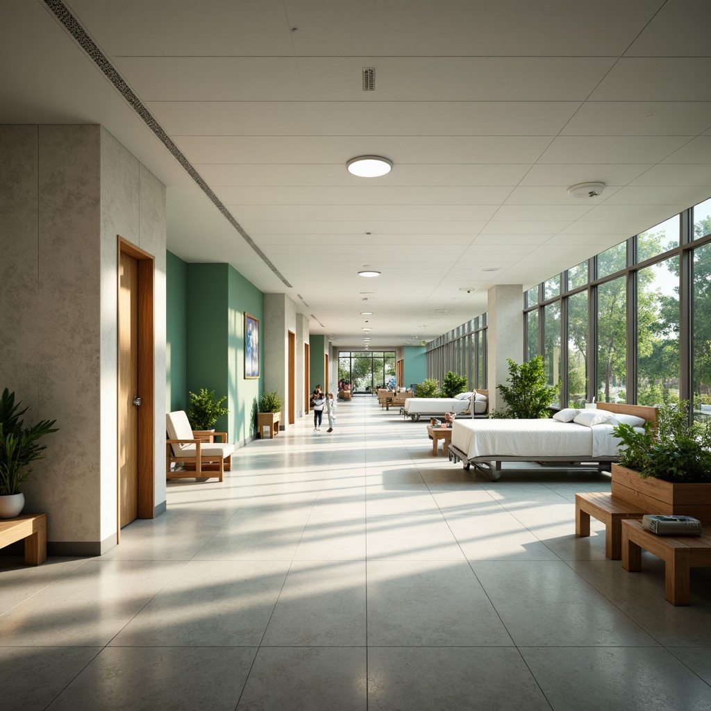 Prompt: Sleek hospital corridors, polished concrete floors, calming neutral tones, natural light pouring through large windows, minimalist waiting areas, simple wooden benches, green walls with potted plants, serene patient rooms, comfortable beds with crisp white linens, modern medical equipment, sterile steel surfaces, soft warm lighting, shallow depth of field, 3/4 composition, panoramic view, realistic textures, ambient occlusion.