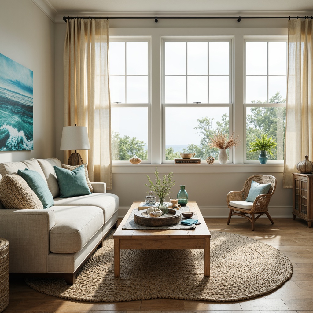 Prompt: Coastal living room, ocean-inspired textiles, calming wave patterns, soft blue-green hues, natural linen fabrics, woven jute rugs, driftwood accents, sea-glass vases, coral-shaped decorative items, beachy shell arrangements, airy window treatments, light-filtering curtains, sunny day ambiance, warm golden lighting, shallow depth of field, 3/4 composition, panoramic view, realistic textures, ambient occlusion.