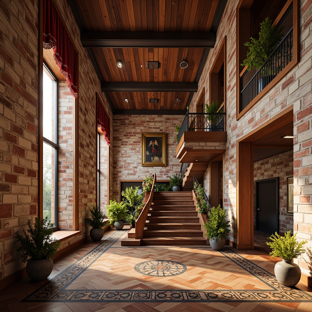 Prompt: Vibrant museum interior, eclectic style architecture, exposed brick walls, distressed stone textures, ornate wooden paneling, rich velvet drapes, decorative metal railings, grand staircase, polished marble floors, intricate mosaic patterns, warm golden lighting, soft focus, shallow depth of field, 1/1 composition, realistic rendering, ambient occlusion.