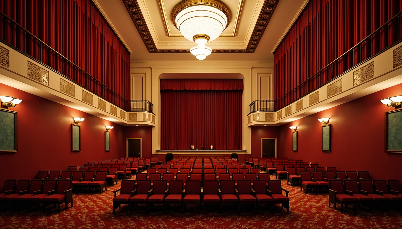 Prompt: Elegant theater interior, rich velvety red curtains, warm golden lighting, ornate details, luxurious seats, plush carpeting, sophisticated dark wood accents, subtle metallic sheen, soft cream walls, dramatic high ceilings, grandiose chandeliers, vibrant turquoise accents, bold geometric patterns, intricate moldings, cozy intimate atmosphere, warm inviting glow, shallow depth of field, 1/1 composition, realistic textures, ambient occlusion.