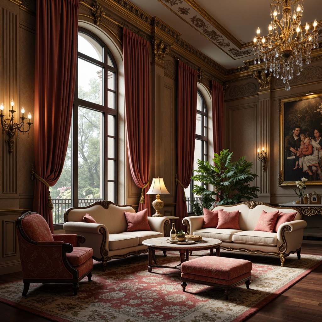 Prompt: Elegant living room, neoclassical furniture, ornate carvings, curved silhouettes, velvet upholstery, gilded accents, marble tops, tufted ottomans, crystal chandeliers, rich wood tones, intricate moldings, soft warm lighting, shallow depth of field, 3/4 composition, symmetrical arrangement, realistic textures, ambient occlusion.