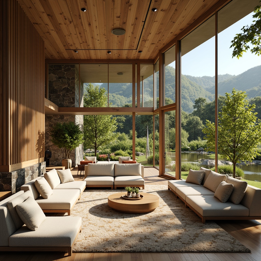 Prompt: Vibrant living room, large windows, sliding glass doors, natural stone walls, wooden floors, comfortable sofas, greenery views, bright sunny day, soft warm lighting, shallow depth of field, 3/4 composition, panoramic view, realistic textures, ambient occlusion, minimal decor, modern furniture, earthy tones, nature-inspired accents.