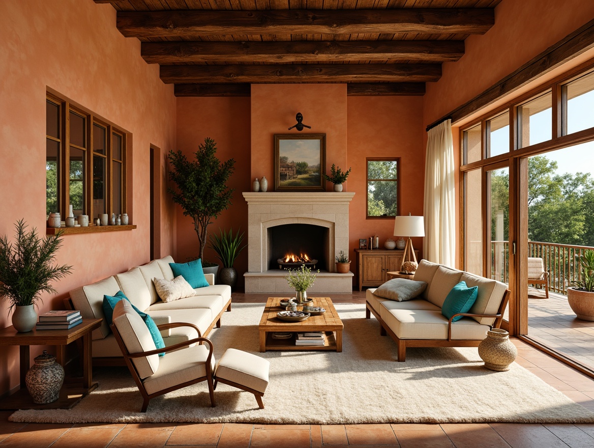 Prompt: Warm Mediterranean family room, earthy terracotta walls, soft beige sofas, rustic wooden furniture, vibrant turquoise accents, plush cream-colored rugs, natural stone fireplaces, lush greenery, large windows, sunny day, warm golden lighting, shallow depth of field, 3/4 composition, inviting atmosphere, cozy textiles, elegant ceramics, ornate metalwork details.