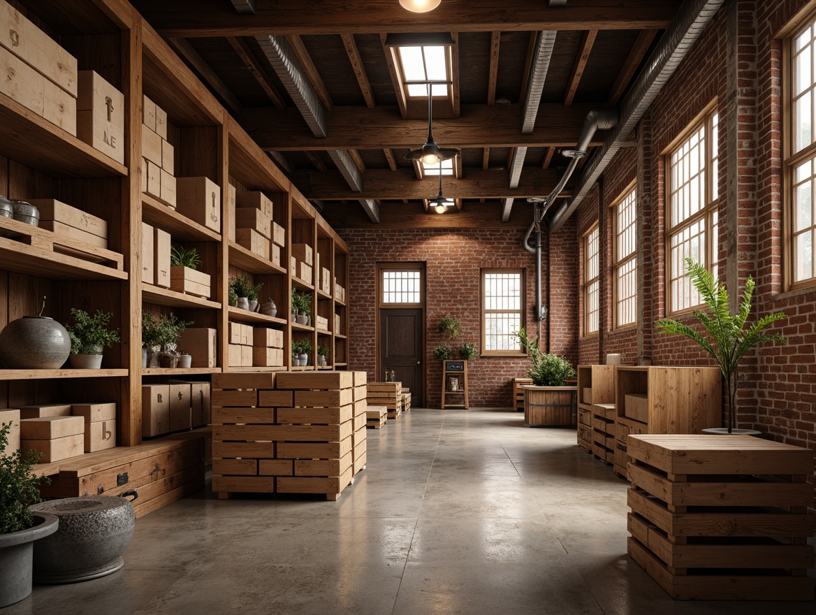 Prompt: Rustic distribution center, wooden crates, earthy tones, warm soft lighting, exposed brick walls, metal beams, reclaimed wood accents, vintage industrial equipment, distressed concrete floors, natural stone textures, cozy nooks, ambient shadows, warm color palette, soft focus, shallow depth of field, 1/1 composition, realistic render.