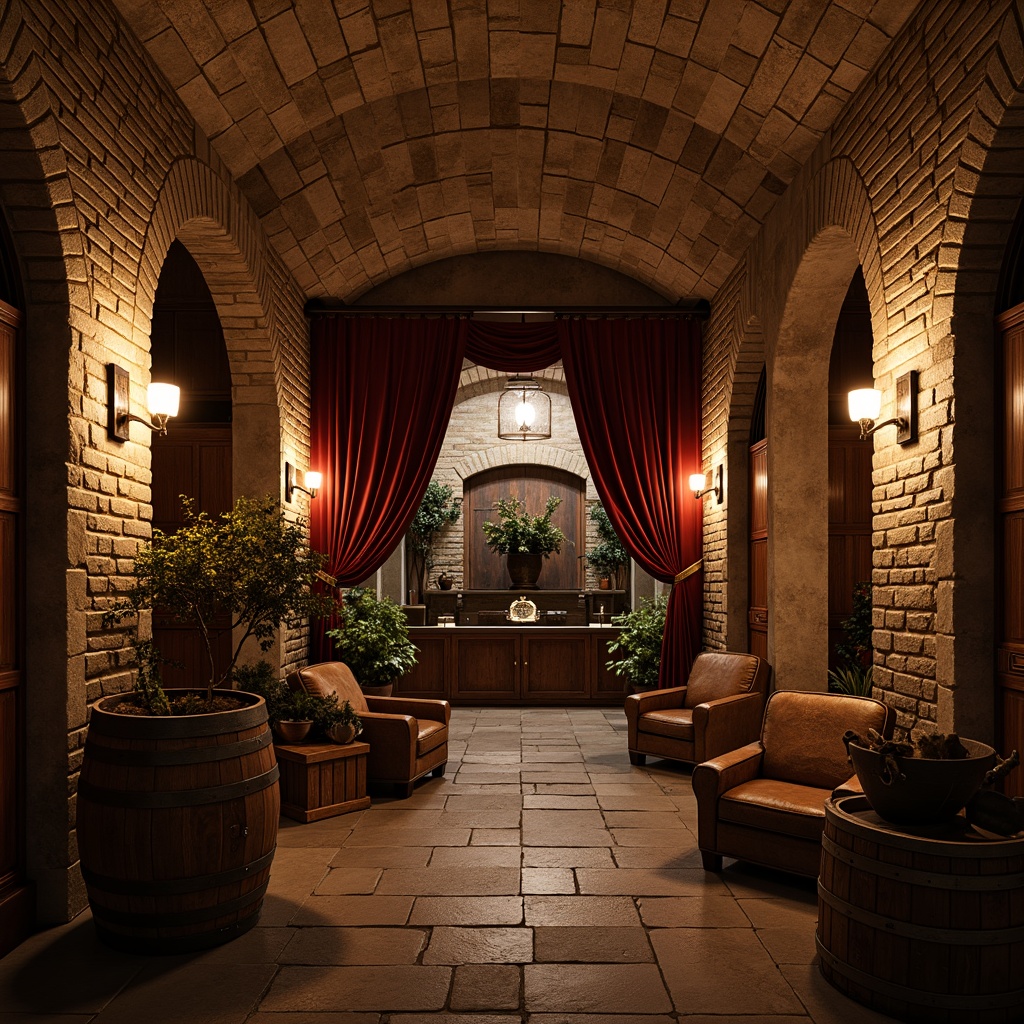 Prompt: Rustic wine cellar, wooden barrels, stone walls, dim warm lighting, rich velvet drapes, ornate metalwork, distressed wood accents, antique furniture, vintage wine-making equipment, old-world charm, earthy tones, natural stone floors, brick archways, candlelit ambiance, soft shadows, intimate atmosphere, classic wooden crates, worn leather armchairs, decorative ironwork, nostalgic artifacts, warm golden lighting, 1/1 composition, realistic textures, subtle color grading.