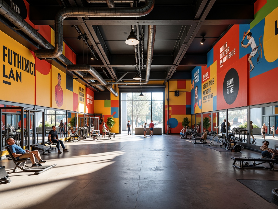 Prompt: Vibrant gymnasium interior, expressionist architecture style, dynamic color scheme, bold geometric shapes, abstract patterns, high ceilings, exposed ductwork, industrial chic atmosphere, polished concrete floors, minimalist lighting fixtures, functional training equipment, motivational quotes, athlete-inspired murals, modern fitness machines, free weights area, mirrored walls, athletic tracks, sports-themed decorations, natural light pouring in, shallow depth of field, 1/2 composition, warm color tone, realistic textures, ambient occlusion.