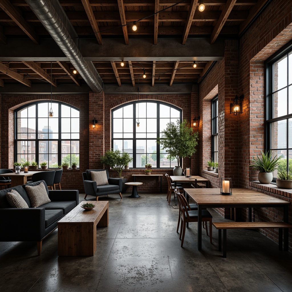 Prompt: Exposed brick walls, distressed wooden beams, industrial metal accents, reclaimed wood furniture, vintage factory lights, urban cityscape views, gritty concrete floors, metallic color palette, steel windows, minimalist decor, functional pipes, Edison bulb lighting, raw unfinished textures, atmospheric misty ambiance, cinematic high-contrast lighting, 1/2 composition, dramatic shadows, realistic reflections.