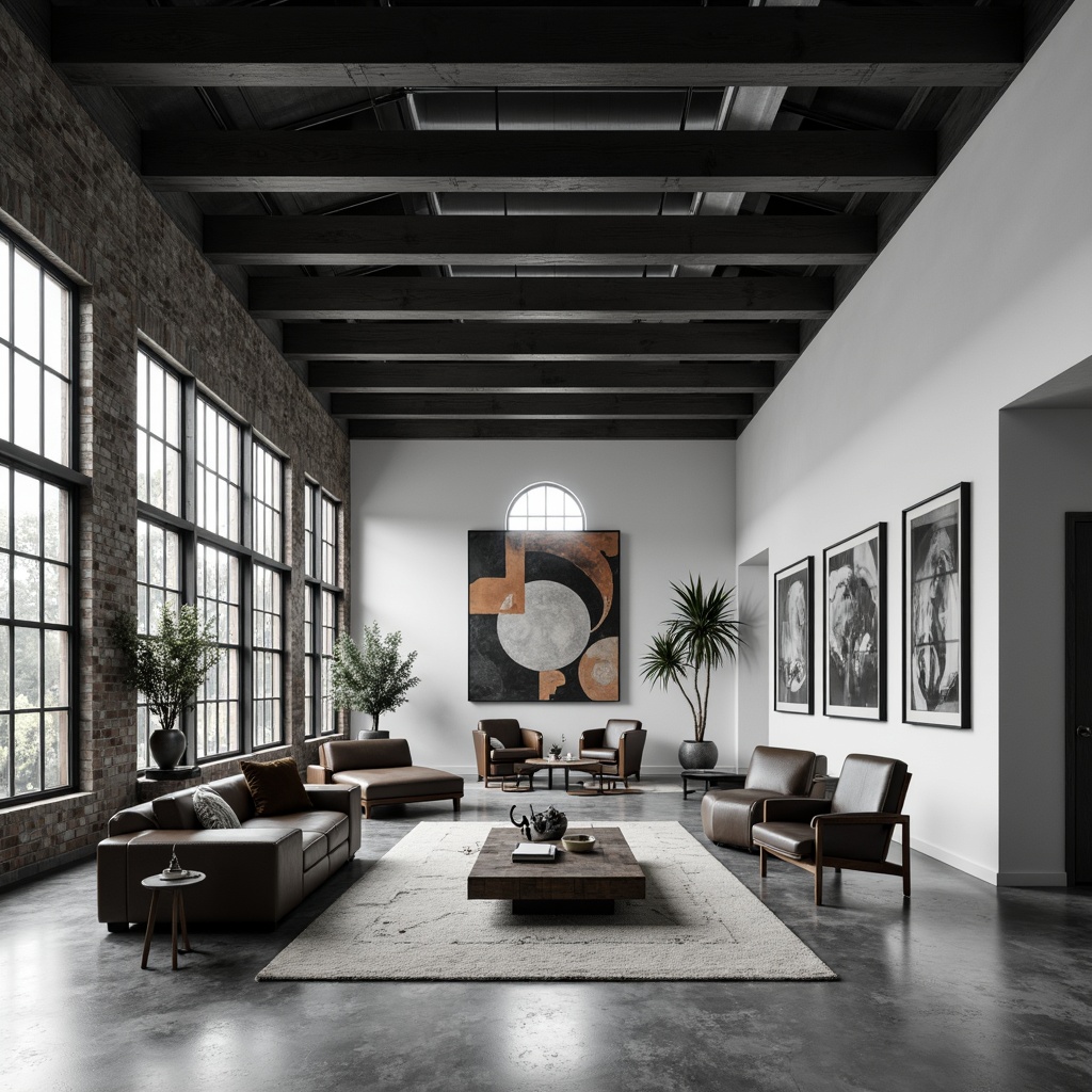 Prompt: Clean lines, rectangular forms, industrial materials, monochromatic color scheme, functional simplicity, open floor plans, minimal ornamentation, steel beams, concrete floors, large windows, geometric patterns, abstract artworks, Scandinavian-inspired furniture, leather upholstery, metallic accents, subtle textures, natural lighting, high contrast ratio, 1/1 composition, symmetrical framing, cinematic atmosphere, desaturated colors, abstract expressionism.