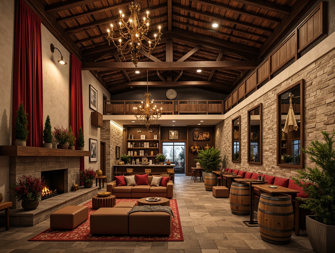 Prompt: Rustic winery interior, wooden barrel accents, vintage wine-making equipment, earthy color palette, stone walls, reclaimed wood planks, industrial metal beams, warm pendant lighting, cozy fireplace, plush furnishings, natural textiles, rich wood tones, elegant chandeliers, sophisticated artwork, lavish drapery, dramatic ceiling treatments, ornate mirrors, rustic wooden crates, weathered metal decor, soft ambient glow, shallow depth of field, 1/1 composition, realistic textures, ambient occlusion.