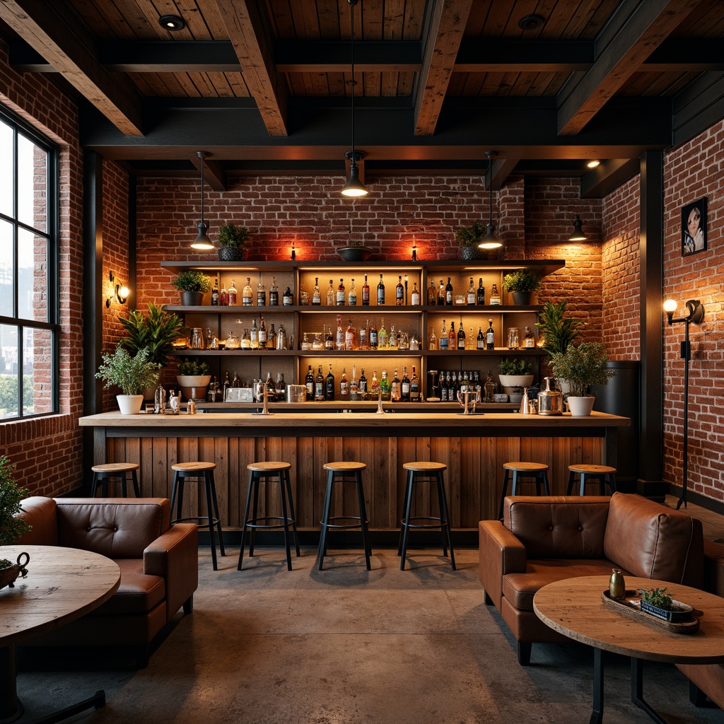 Prompt: Rustic wooden bars, vintage metal stools, exposed brick walls, distressed leather sofas, industrial-style lighting fixtures, metal beams, reclaimed wood accents, antique factory equipment, urban loft atmosphere, warm dim lighting, shallow depth of field, 1/1 composition, realistic textures, ambient occlusion, nostalgic color palette, rich brown tones, earthy red hues.