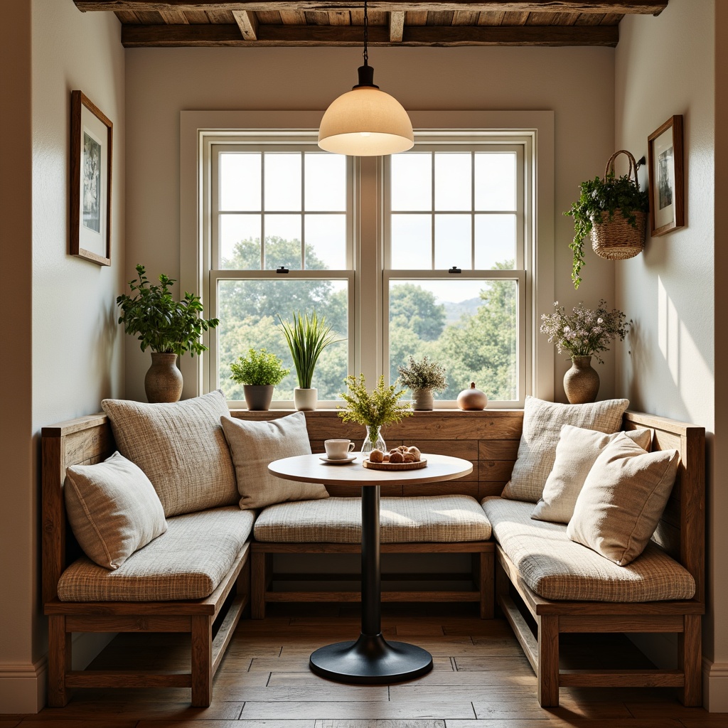 Prompt: Cozy breakfast nook, warm inviting atmosphere, rustic wooden benches, plush cushions, soft pastel colors, natural textiles, woven baskets, potted greenery, circular tables, built-in banquettes, comfortable pillows, warm lighting fixtures, pendant lamps, farmhouse decor, vintage accessories, distressed wood accents, earthy tones, intimate seating, conversation-friendly layout, morning sunlight, fresh flowers, aromatic coffee scents.