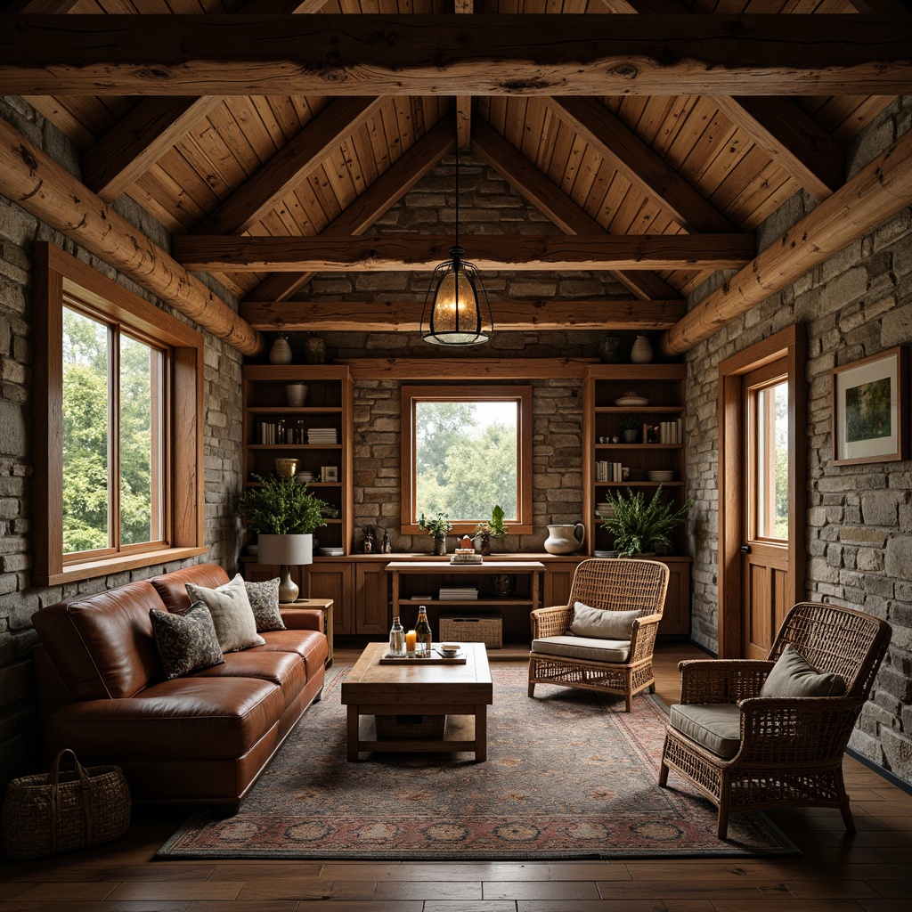 Prompt: Rustic wooden accents, distressed finishes, natural stone walls, earthy color palette, cozy cabin atmosphere, vintage metalware, ornate carvings, rich leather upholstery, woven wicker furniture, organic fabric patterns, intricate woodworking details, warm candlelight, soft focus, shallow depth of field, 1/2 composition, atmospheric perspective.