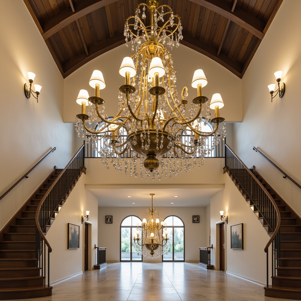 Prompt: Elegant chandeliers, ornate sconces, crystal droplets, polished brass fixtures, cream-colored shades, intricate metalwork, grand staircases, sweeping arches, high ceilings, marble flooring, neutral color palette, soft warm lighting, subtle shadowing, 1/1 composition, symmetrical framing, realistic reflections, ambient occlusion.