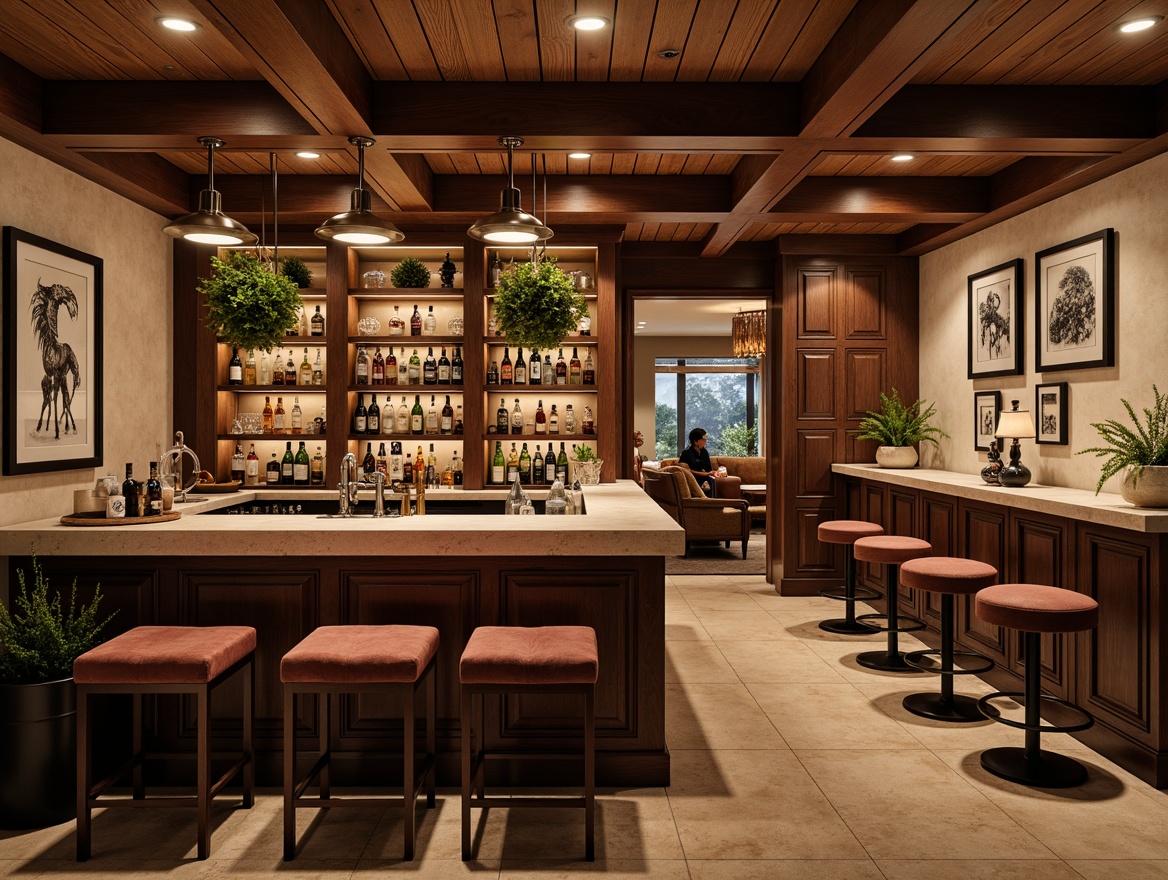 Prompt: Cozy home bar, rich wood tones, polished metal accents, plush velvet stools, dimmable pendant lights, warm beige walls, rustic stone countertops, wooden wine racks, glass shelves, liquor displays, ambient soft lighting, 1/1 composition, shallow depth of field, relaxed atmosphere, intimate gathering space, natural textures, earthy color palette.