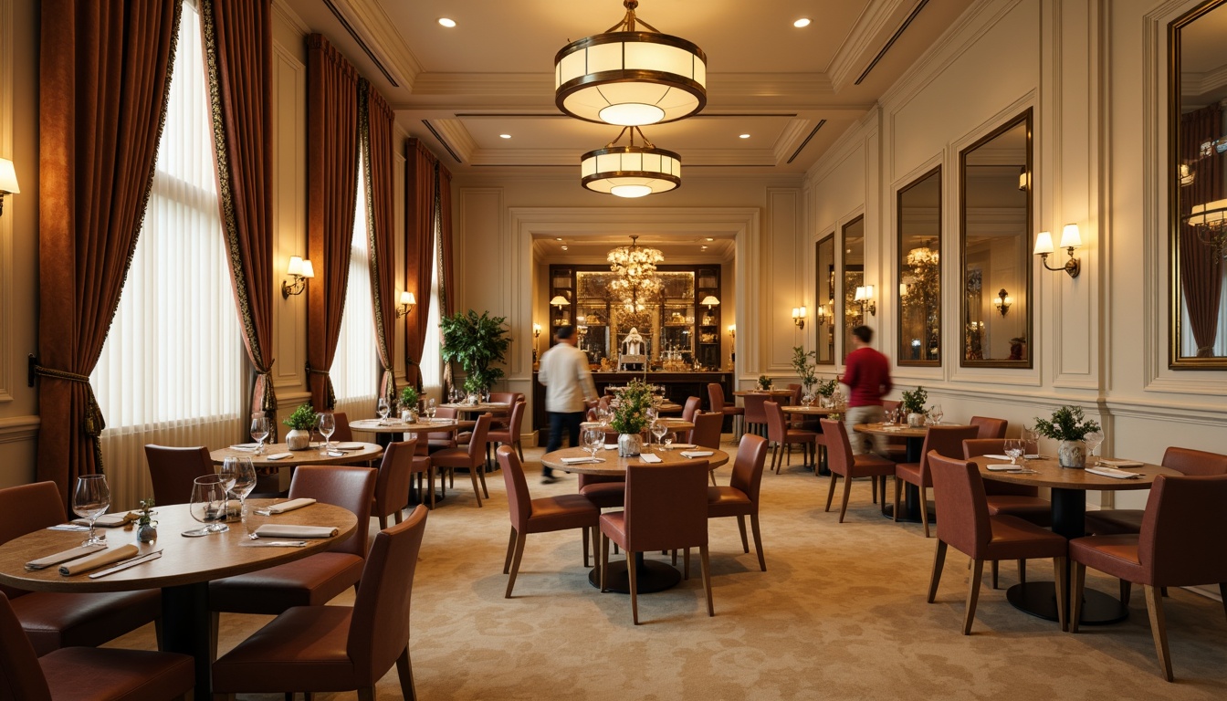 Prompt: Elegant dining room, refined wooden tables, comfortable cushioned chairs, stylish pendant lamps, warm beige flooring, soft cream-colored walls, luxurious velvet drapes, decorative centerpieces, fine china displays, ornate mirrors, sophisticated metallic accents, inviting atmosphere, warm golden lighting, shallow depth of field, 1/1 composition, realistic textures, ambient occlusion.