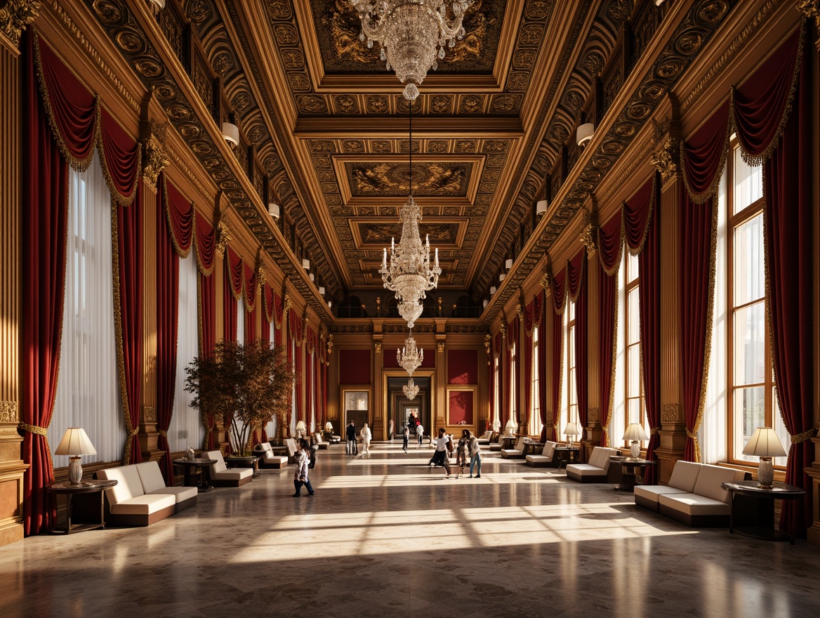 Prompt: Grand hall, ornate moldings, gilded details, rich wood paneling, intricate carvings, crystal chandeliers, lavish furnishings, velvet drapes, marble floors, ornamental ceilings, dramatic archways, imposing columns, regal atmosphere, warm golden lighting, shallow depth of field, 1/1 composition, symmetrical view, realistic textures, ambient occlusion.