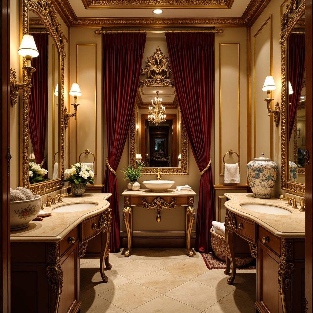 Prompt: Opulent powder room, lavish Rococo style, ornate gilded mirrors, delicate porcelain vases, intricately carved wooden furniture, luxurious velvet drapes, soft golden lighting, warm beige marble countertops, elegant curved legs, antique bronze hardware, subtle floral patterns, rich jewel-toned colors, intimate cozy atmosphere, shallow depth of field, 1/1 composition, soft focus effect, realistic textures.