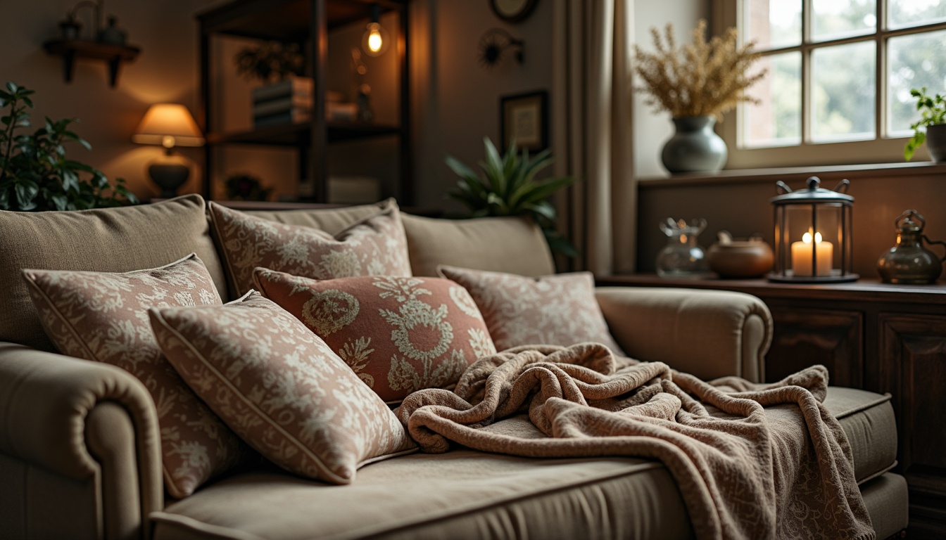 Prompt: Distressed velvet fabrics, soft muted hues, vintage floral patterns, lace trim details, rustic wooden furniture, ornate metal accents, worn leather textures, faded pastel colors, antique decorative accessories, warm candlelight ambiance, shallow depth of field, 1/1 composition, intimate cozy atmosphere, realistic fabric simulations, ambient occlusion.