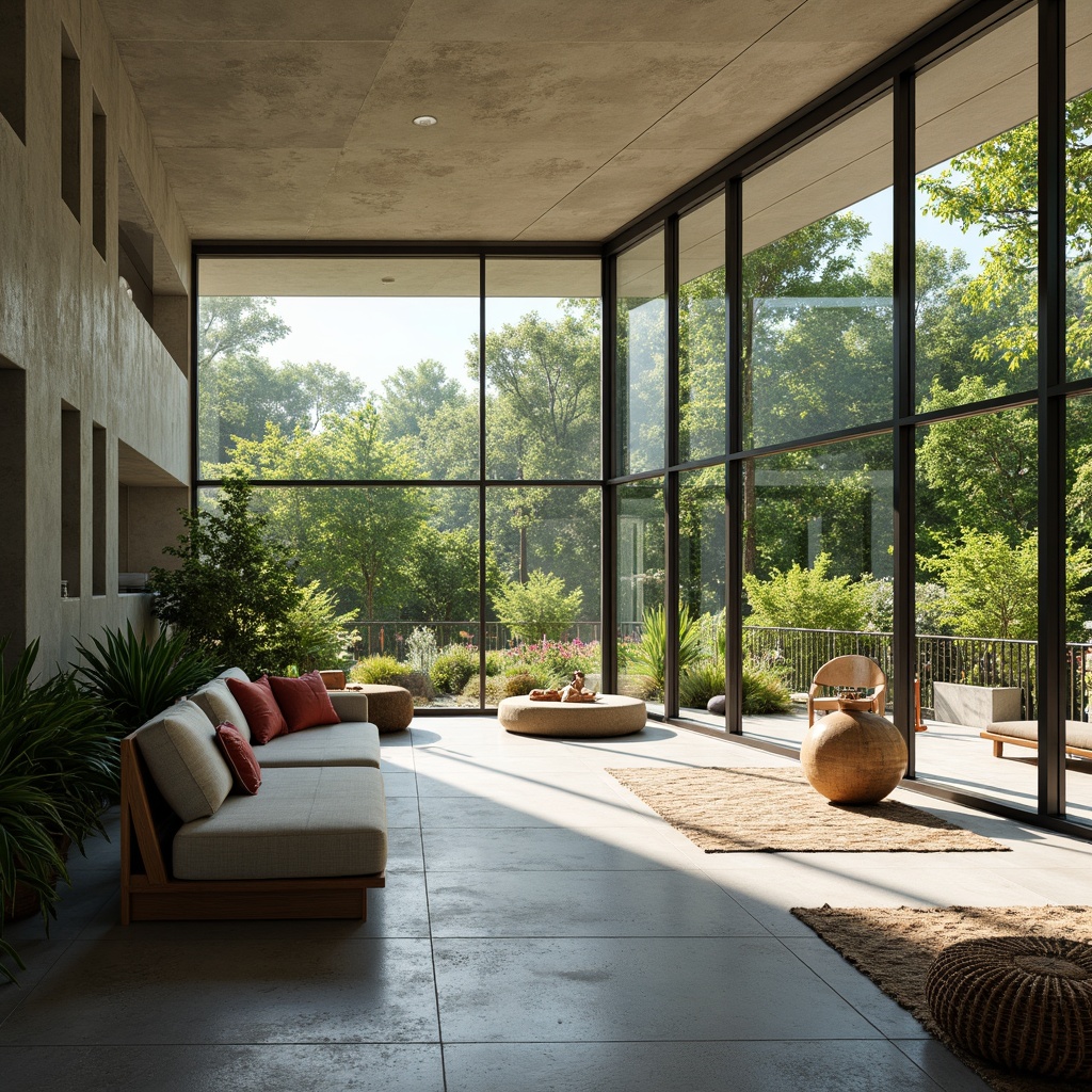 Prompt: Minimalist sunroom, large windows, sliding glass doors, sleek metal frames, industrial chic decor, polished concrete floors, geometric patterned rugs, functional furniture, abundant natural light, warm sunny atmosphere, shallow depth of field, 1/1 composition, panoramic view, realistic textures, ambient occlusion, greenery surroundings, lush plants, vibrant flowers, modern architecture, Bauhaus inspired design, minimalist color palette, monochromatic tones.