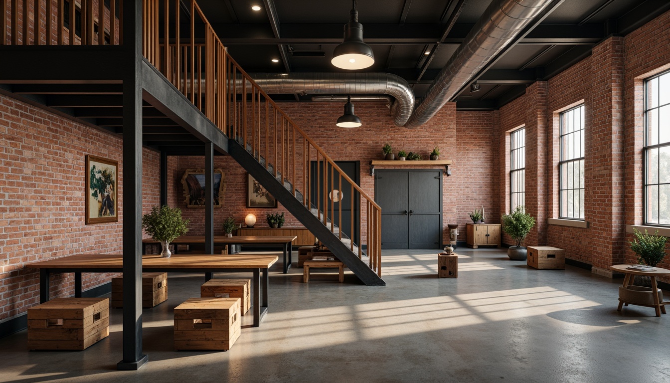 Prompt: Rustic industrial warehouse, distressed brick walls, metallic beams, exposed ductwork, polished concrete floors, reclaimed wood accents, urban loft atmosphere, warm indirect lighting, high ceilings, industrial-style lighting fixtures, metal staircase, minimalist decor, functional aesthetic, neutral color palette, textured surfaces, rough-hewn wooden crates, vintage machinery parts, edgy modern architecture, 1/2 composition, shallow depth of field, realistic textures.