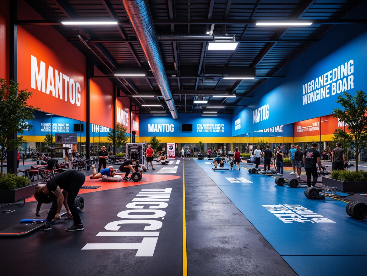 Prompt: Vibrant gymnasium interior, energetic atmosphere, bold color scheme, deep blues, bright whites, intense reds, dynamic yellows, motivational quotes, modern fitness equipment, rubber flooring, mirrored walls, high ceilings, overhead lighting, dramatic shadows, 3/4 composition, symmetrical framing, realistic textures, ambient occlusion.