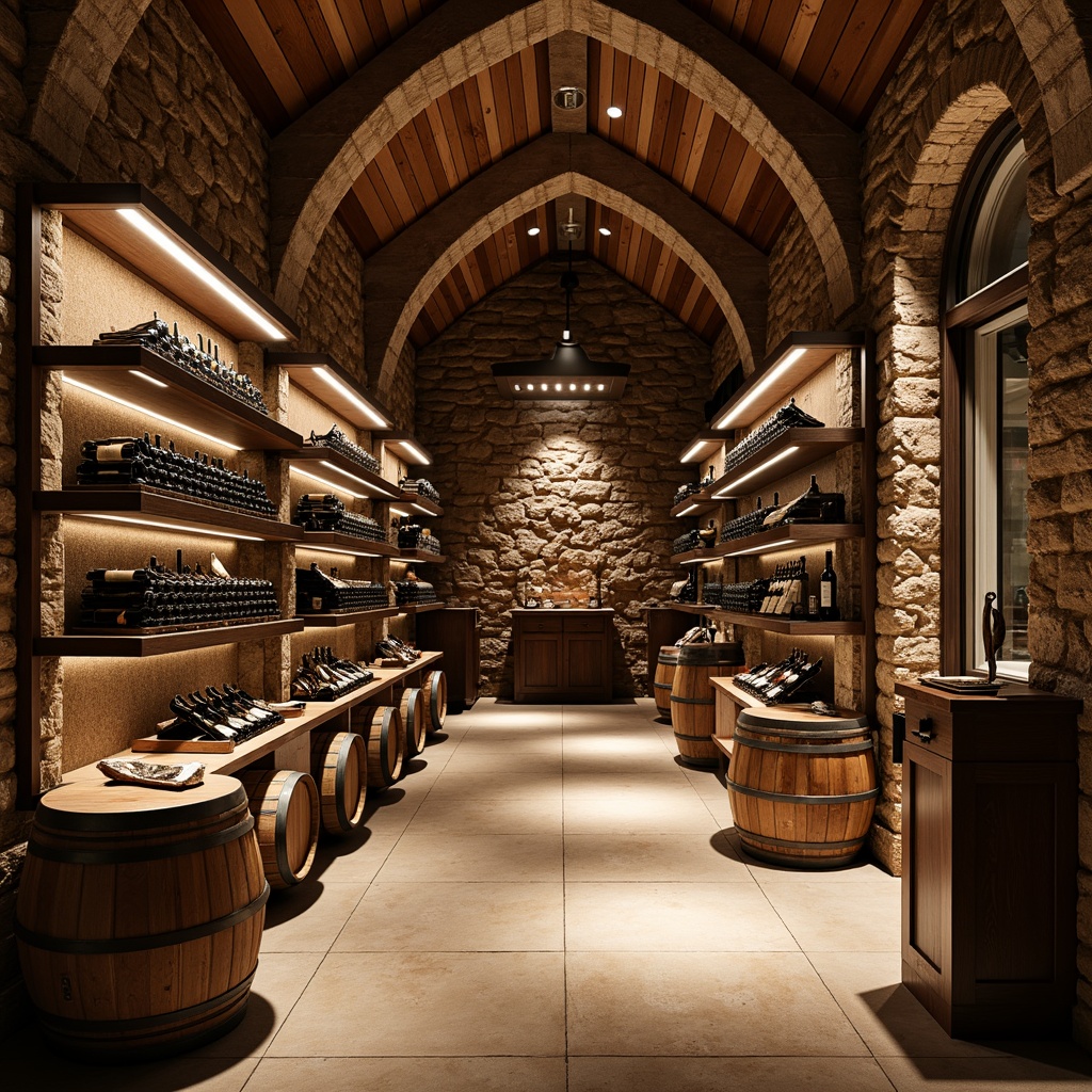 Prompt: Luxurious wine cellar, rustic stone walls, reclaimed wood accents, rich wood tones, dimmable lighting, wine barrel displays, glass-enclosed wine racks, metal ladder systems, earthy color palette, natural stone flooring, arched ceiling details, wrought iron decor, vintage wine-making equipment, soft warm ambiance, dramatic spotlights, 1/1 composition, realistic textures, ambient occlusion.