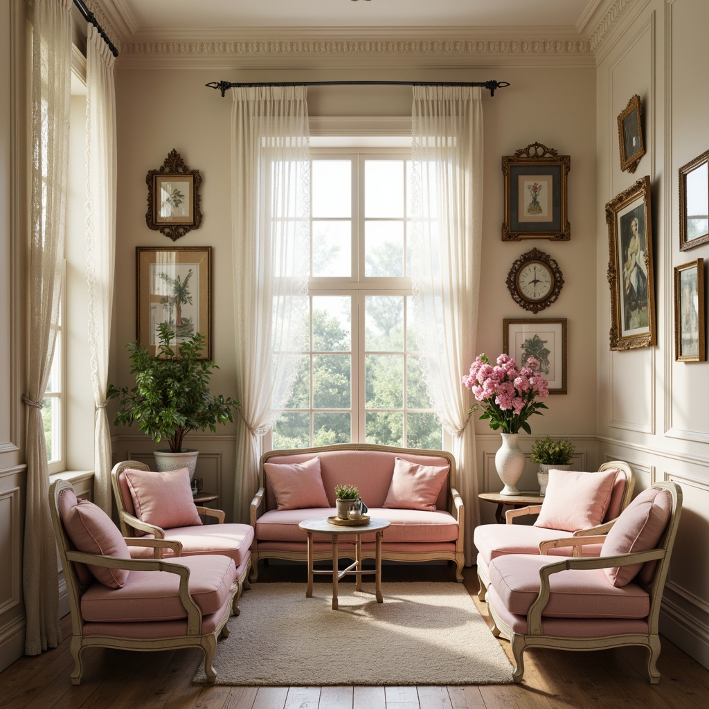 Prompt: Soft, feminine shabby-chic interior, pastel colors, warm beige walls, distressed wood furniture, vintage decorations, lace curtains, floral patterns, antique accessories, soft pink hues, creamy whites, pale blues, muted greens, worn velvet textures, ornate gold frames, rustic wooden floors, natural light, warm atmosphere, cozy nooks, comfortable seating areas, romantic ambiance, whimsical details, aged finishes, subtle sheen, delicate trims, elegant lines, relaxed composition.