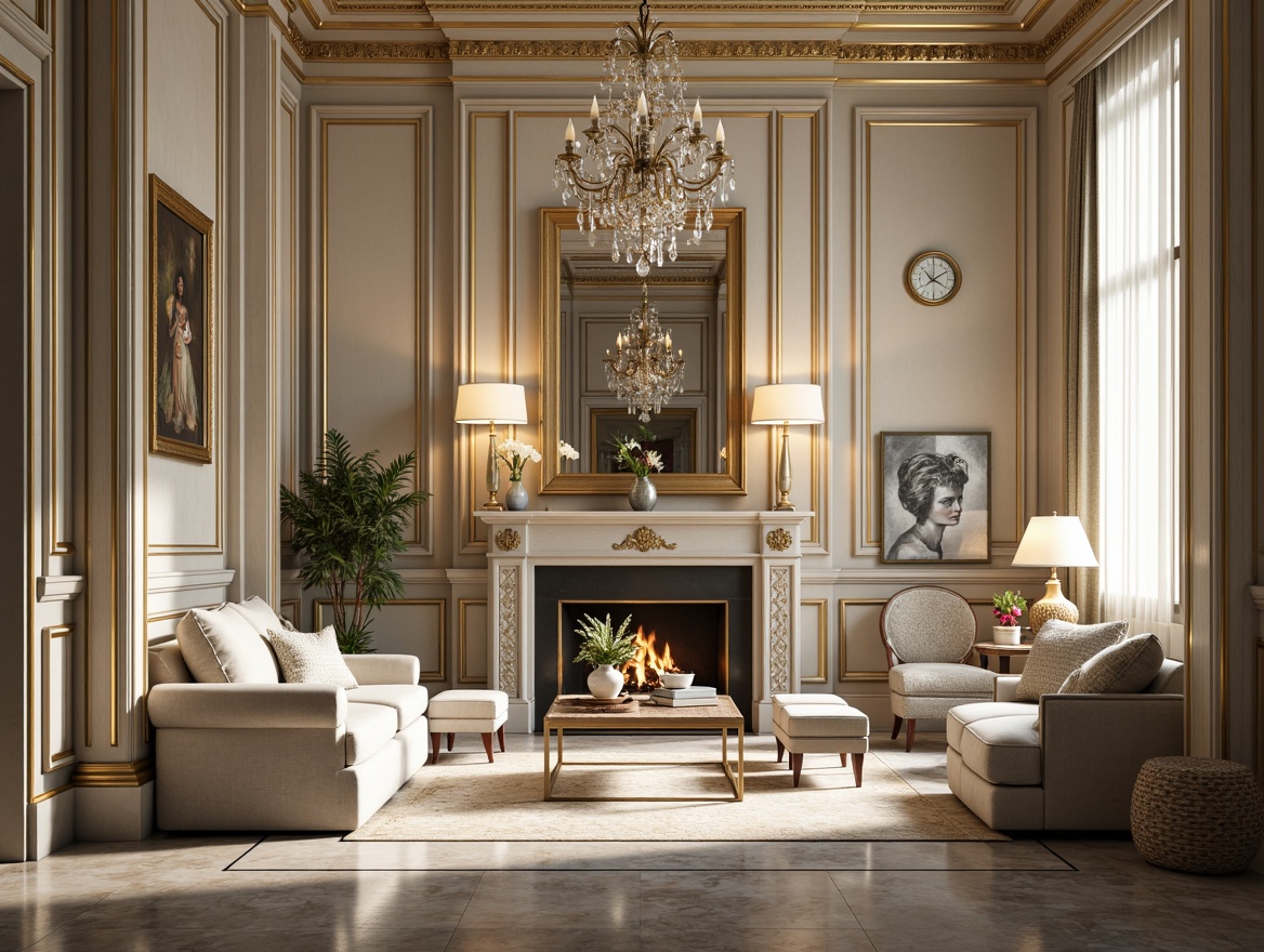 Prompt: Luxurious neoclassical interior, opulent furnishings, rich wood tones, gilded accents, ornate moldings, crystal chandeliers, velvet drapes, soft warm lighting, creamy whites, pale blues, muted golds, earthy browns, elegant marble floors, intricate patterns, subtle texture contrasts, classic proportions, symmetrical compositions, realistic reflections, atmospheric perspective.