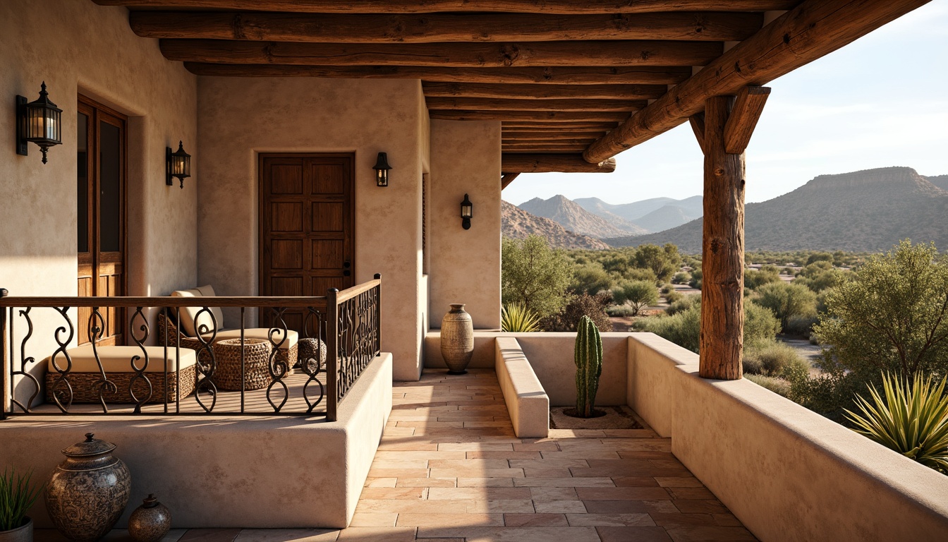 Prompt: Southwestern staircase, rustic wooden railing, wrought iron balusters, ornate metalwork details, earthy tone wood treads, natural stone walls, adobe-inspired architecture, arid landscape views, cactus plants, warm sunny day, soft warm lighting, shallow depth of field, 3/4 composition, panoramic view, realistic textures, ambient occlusion, carved wooden newel posts, desert-inspired patterns, vibrant colorful textiles, geometric motifs, tribal prints.