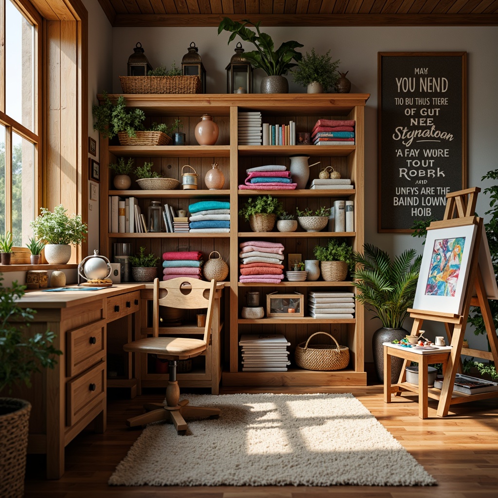 Prompt: Cozy craft room, warm wooden shelves, vibrant fabric stacks, colorful thread spools, artistic painting easel, inspirational quote boards, rustic metal lanterns, plush area rug, natural woven baskets, eclectic vintage decorations, soft warm lighting, shallow depth of field, 3/4 composition, realistic textures, ambient occlusion.