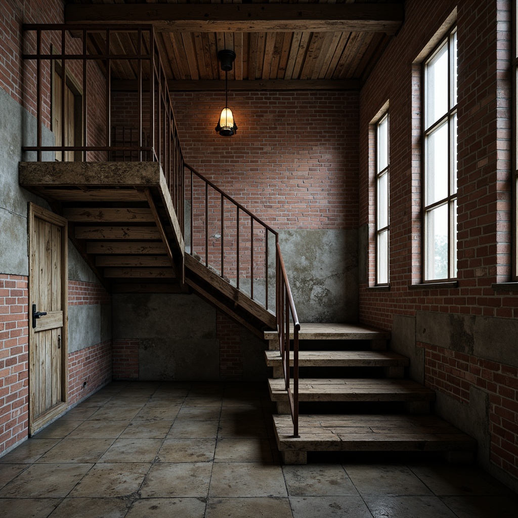 Prompt: Rustic metal railings, distressed wood steps, exposed brick walls, industrial-style lighting fixtures, urban loft atmosphere, reclaimed wooden planks, corroded steel beams, rough concrete floors, minimalist banisters, metallic accents, worn-out stone walls, dimly lit corridors, dramatic shadows, low-key color palette, 1/1 composition, close-up shots, high-contrast lighting, realistic textures, ambient occlusion.